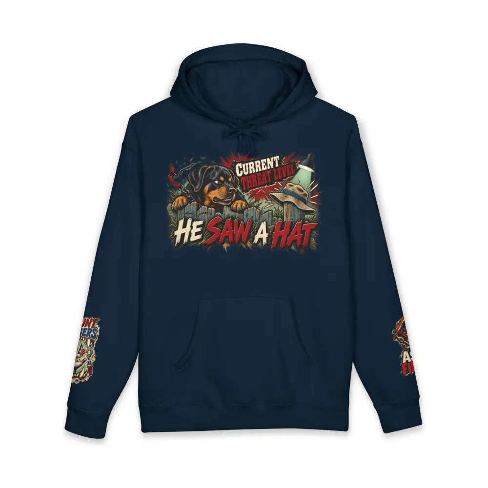 Dark navy blue rottweiler he saw a hat unisex hoodie with bold graphic, ribbed cuffs, tear-away label, and care instructions