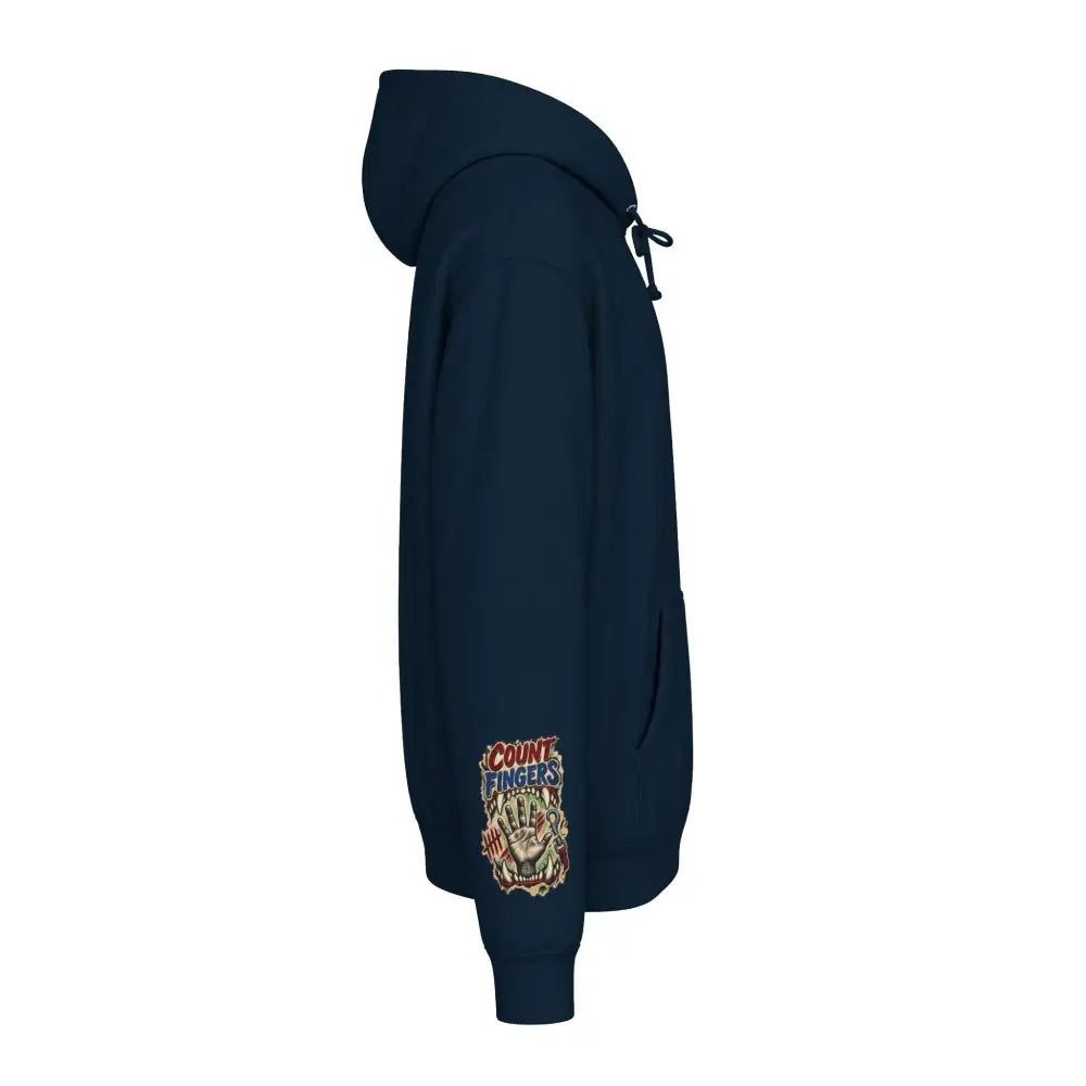 Navy blue rottweiler he saw a hat unisex hoodie with ribbed cuffs tear away label and count fingers patch on left sleeve