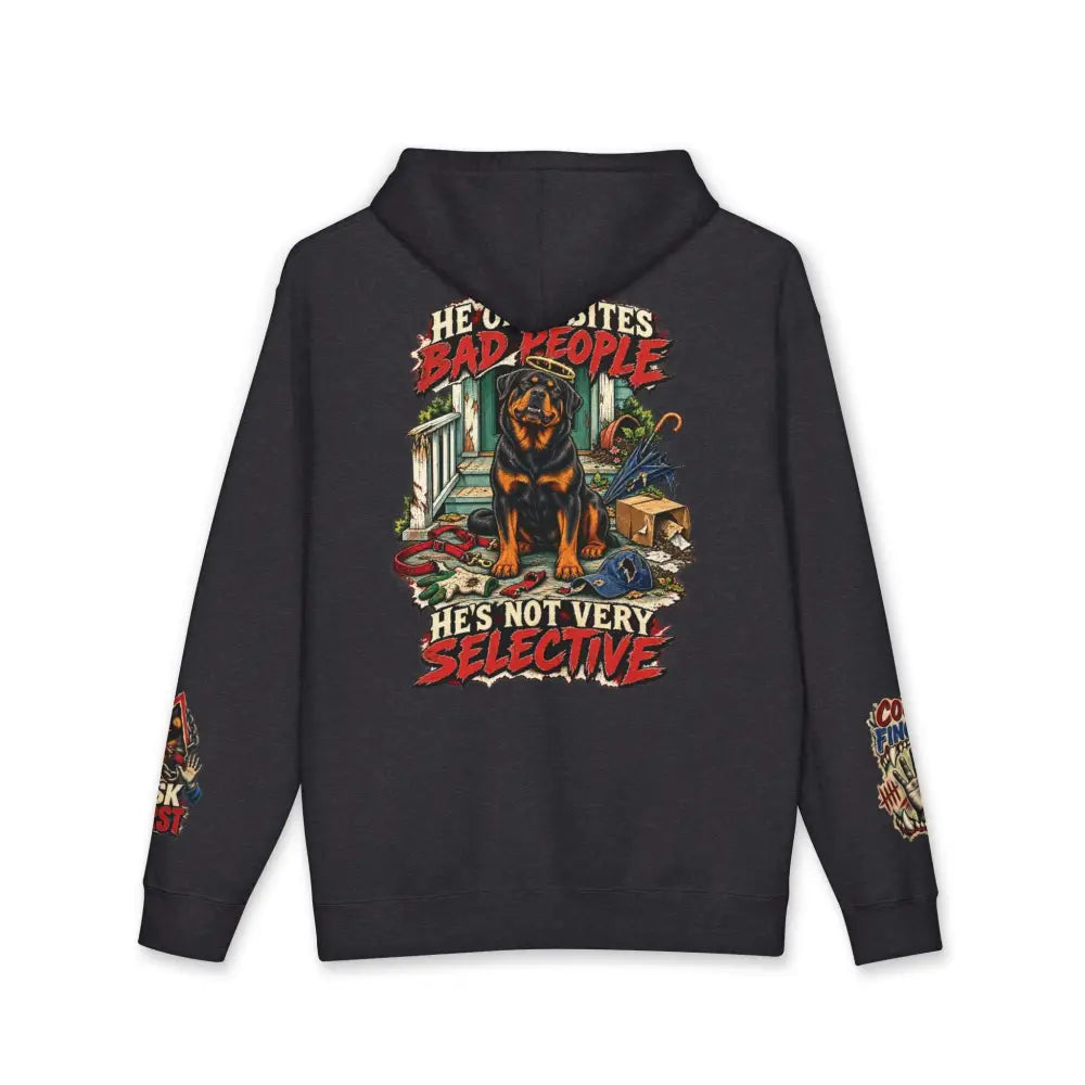 Black unisex hoodie with ribbed cuffs featuring rottweiler graphic and red white text he only bites bad people care instructions included