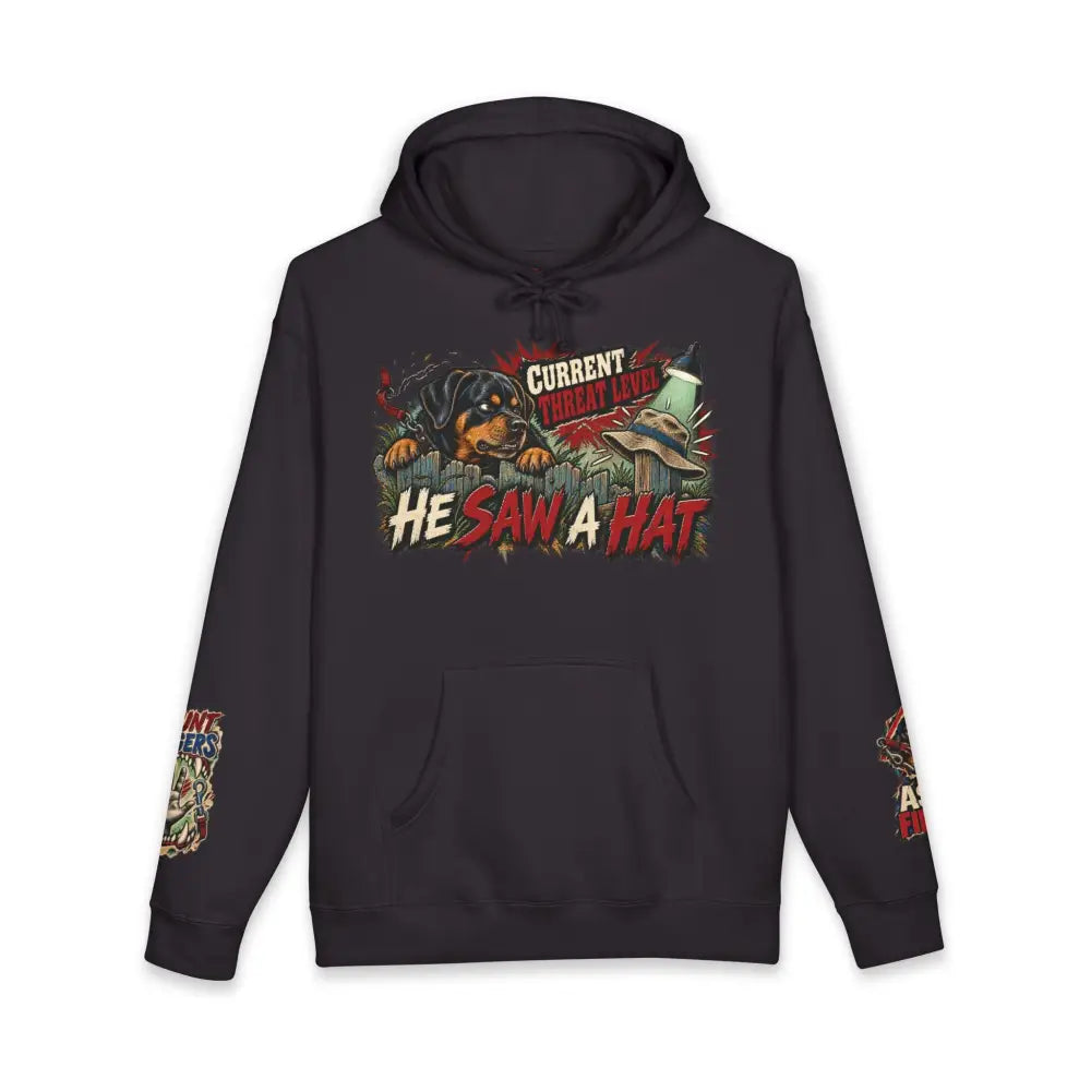 Black unisex hoodie with bold rottweiler graphic he saw a hat text ribbed cuffs tear away label care instructions
