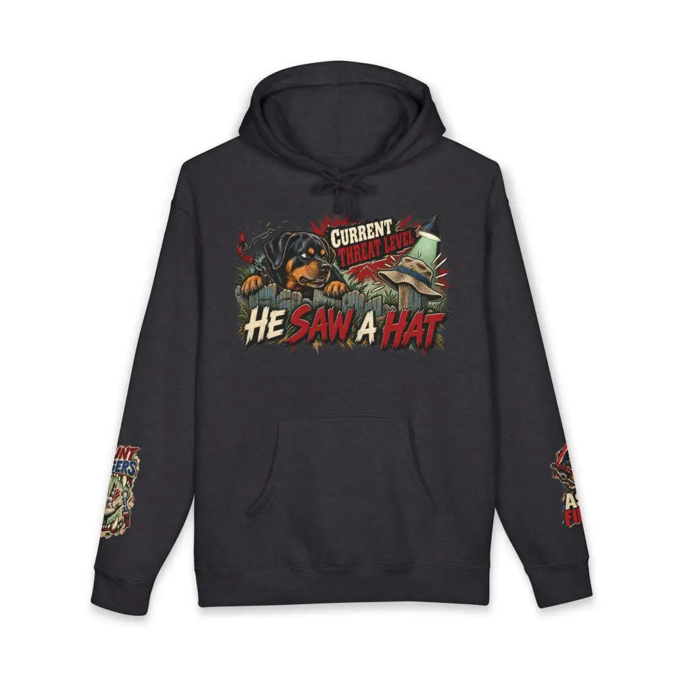 Black unisex hoodie with bold rottweiler graphic and text he saw a hat featuring ribbed cuffs and tear away label care instructions