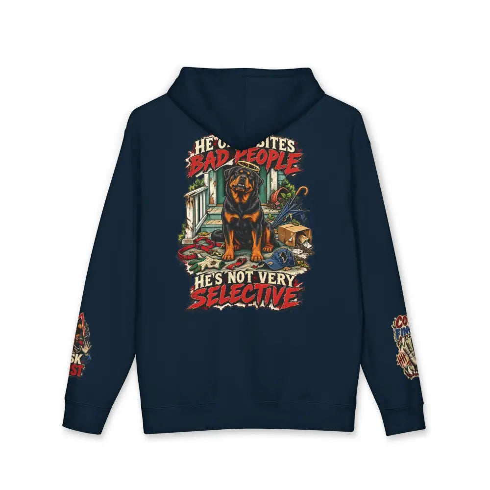 Navy blue rottweiler he saw a hat unisex hoodie with ribbed cuffs tear-away label and care instructions featuring bold graphic text
