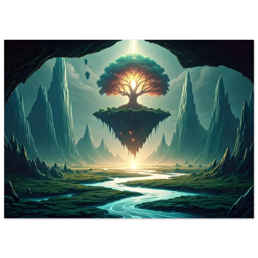 Floating tree island aluminum print artwork from Sanctuary of the Skyroot by PixiOnyx