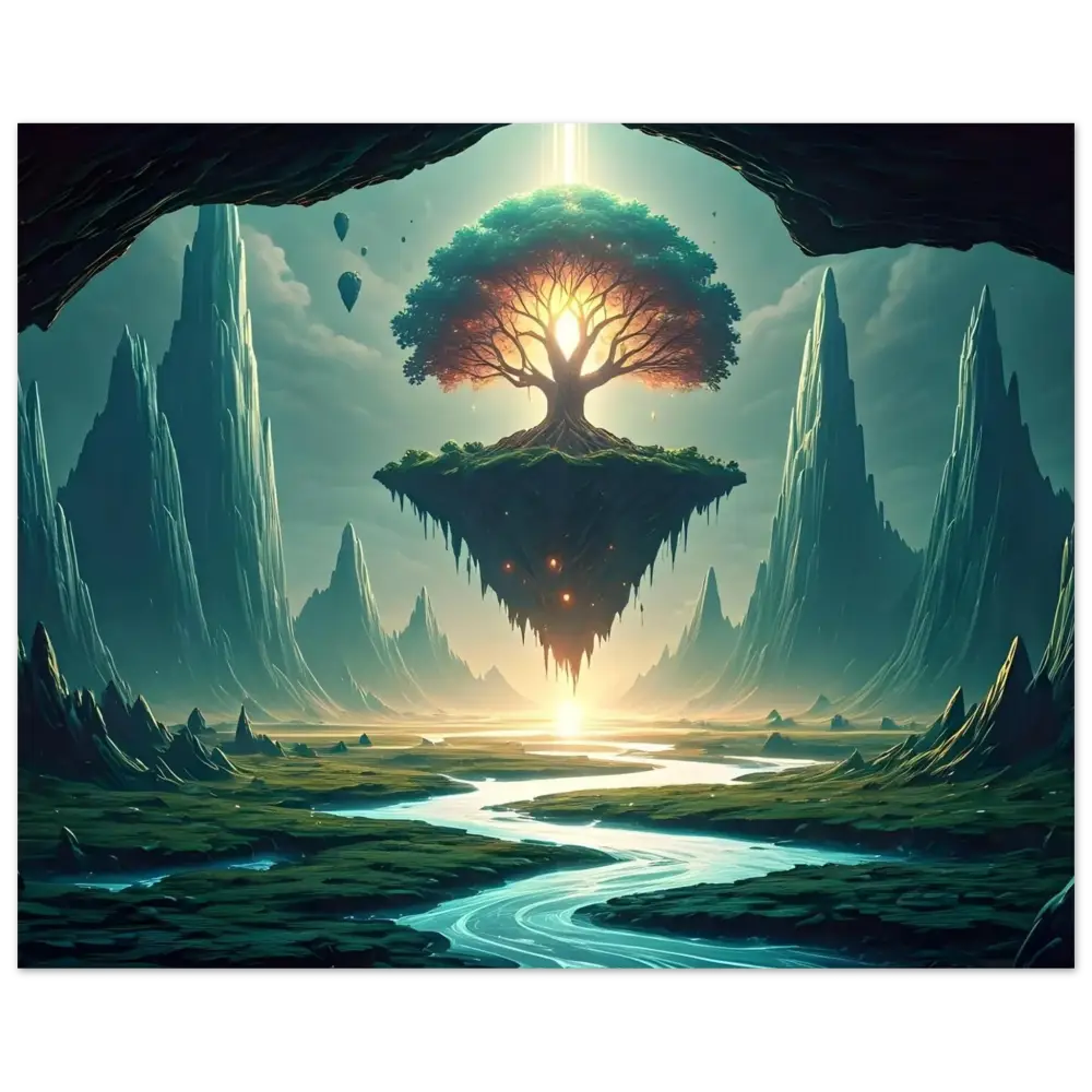 Floating tree island in a surreal skyscape for Sanctuary of the Skyroot art poster