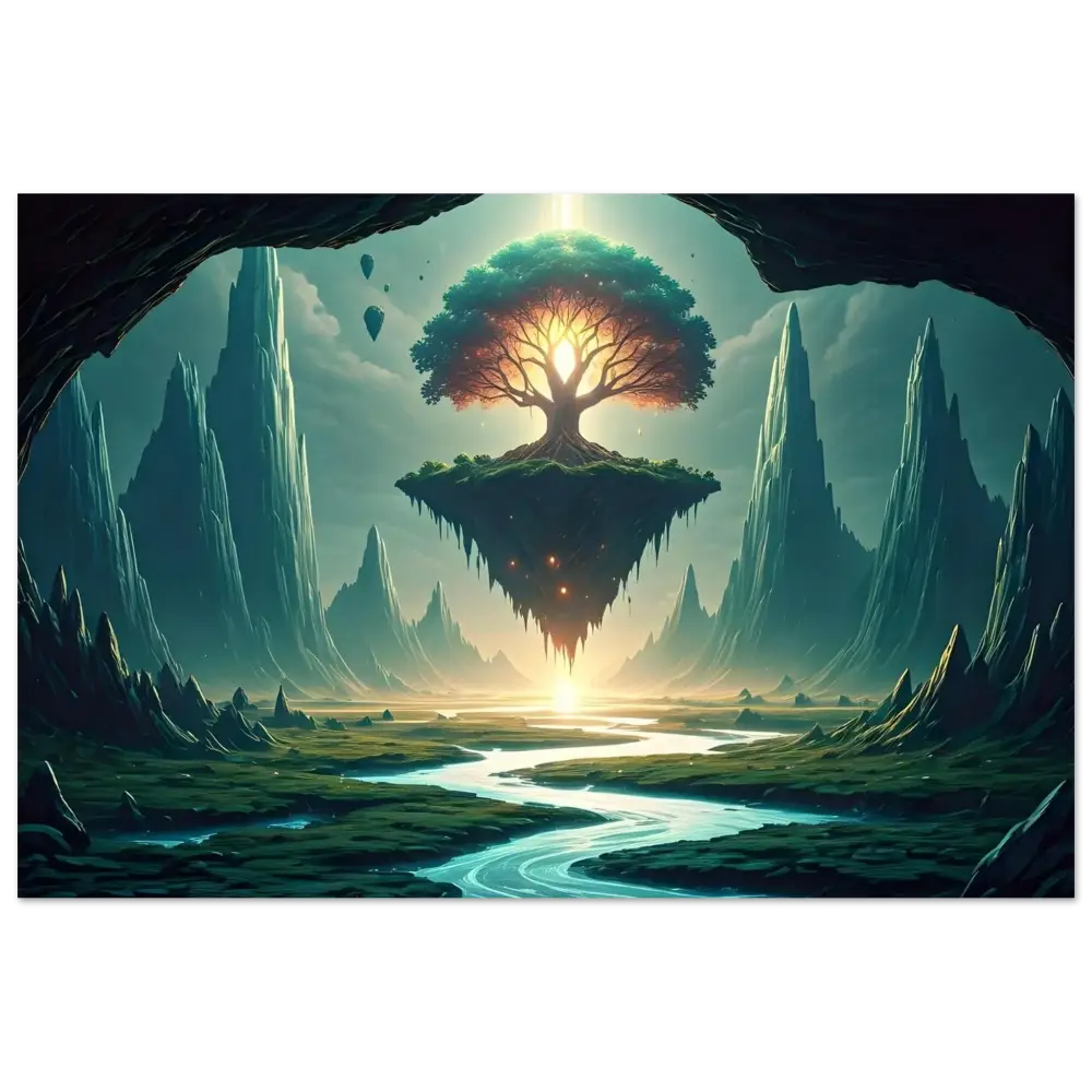 Floating tree island art depicted in Sanctuary of the Skyroot PixiOnyx Dreamscape Poster