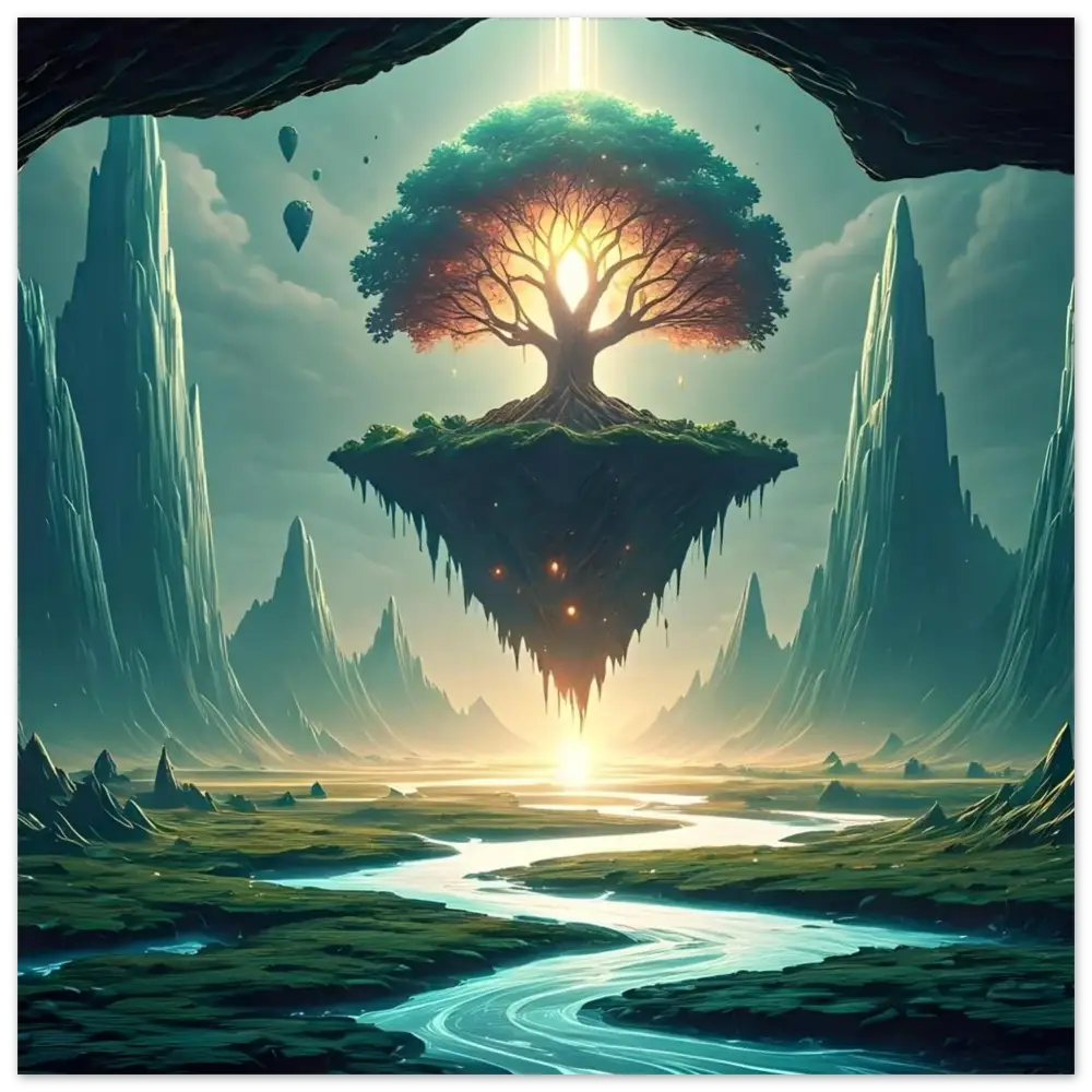 Floating tree island on a dreamy skyscape in the Sanctuary of the Skyroot poster