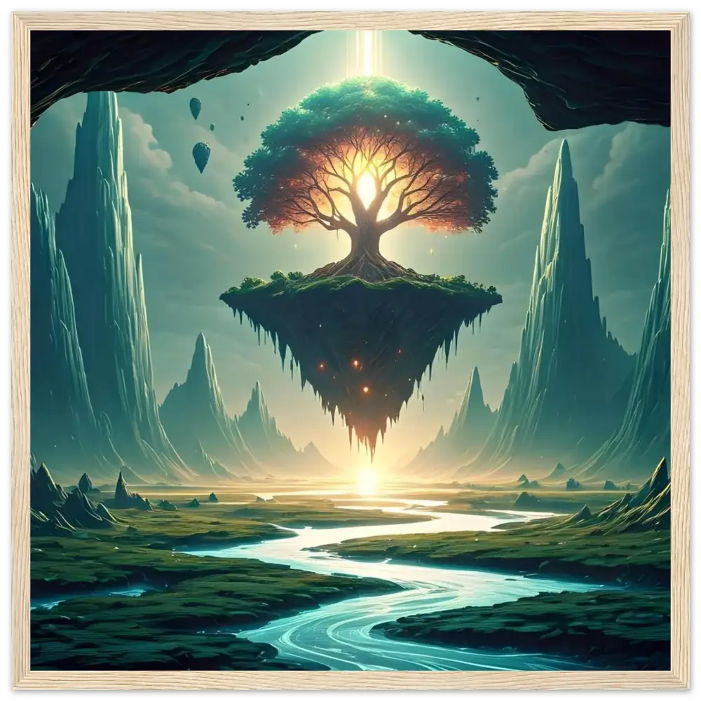 Floating tree island artwork on Sanctuary of the Skyroot Framed Poster PixiOnyx Ethereal Edition