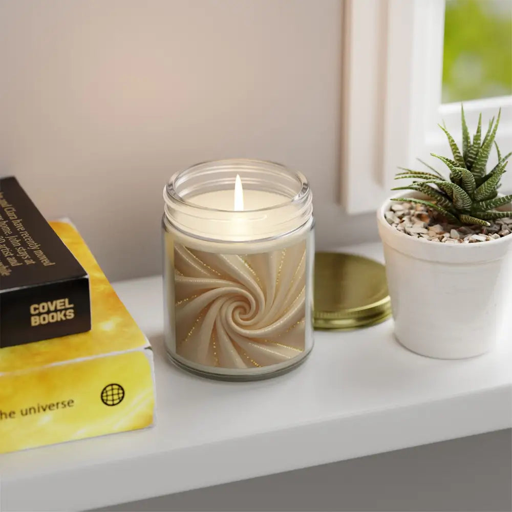 Beige scented candle with a swirl design from PixiOnyx Cashmere Musk collection