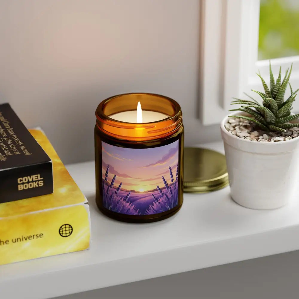 Lavender field candle from PixiOnyx Aromatherapy Glow with a lavender scent at dusk