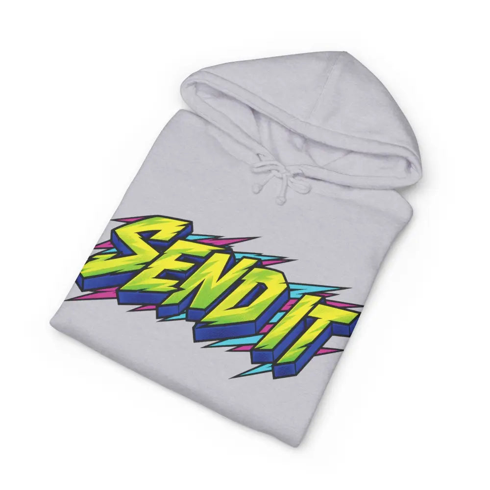 Light gray send it graphic unisex hoodie with fleece-lined hood ribbed cuffs and bold neon yellow and blue design