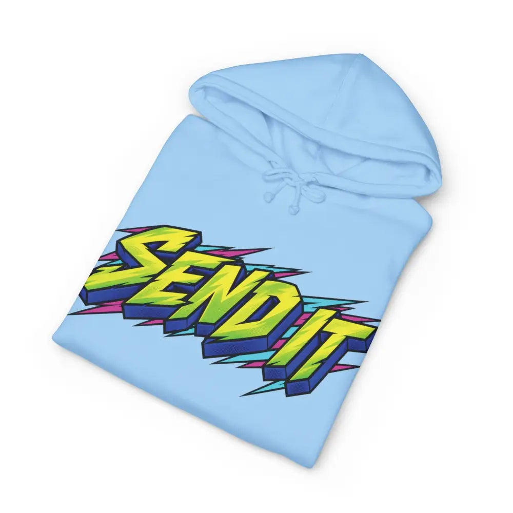 Light blue send it graphic unisex hoodie with neon yellow purple design, fleece-lined hood, and ribbed cuffs
