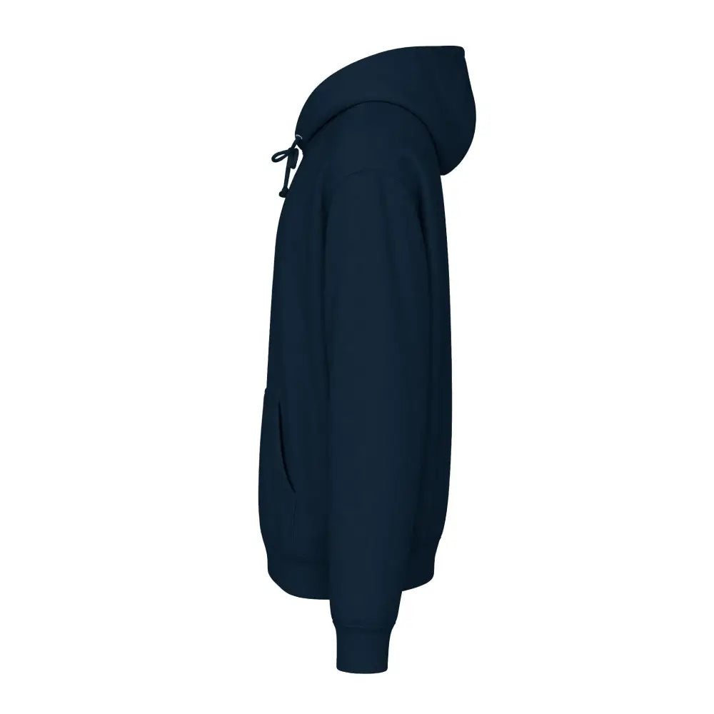 Navy blue Send It graphic unisex hoodie with fleece-lined hood, ribbed cuffs, drawstring, front pocket, and tear-away label