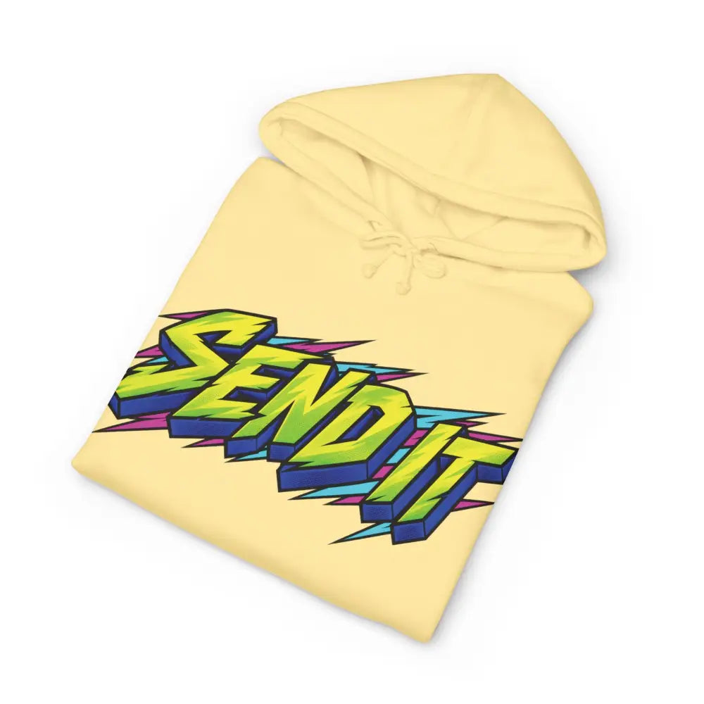 Pale yellow send it graphic unisex hoodie with fleece-lined hood ribbed cuffs and neon green blue lettering