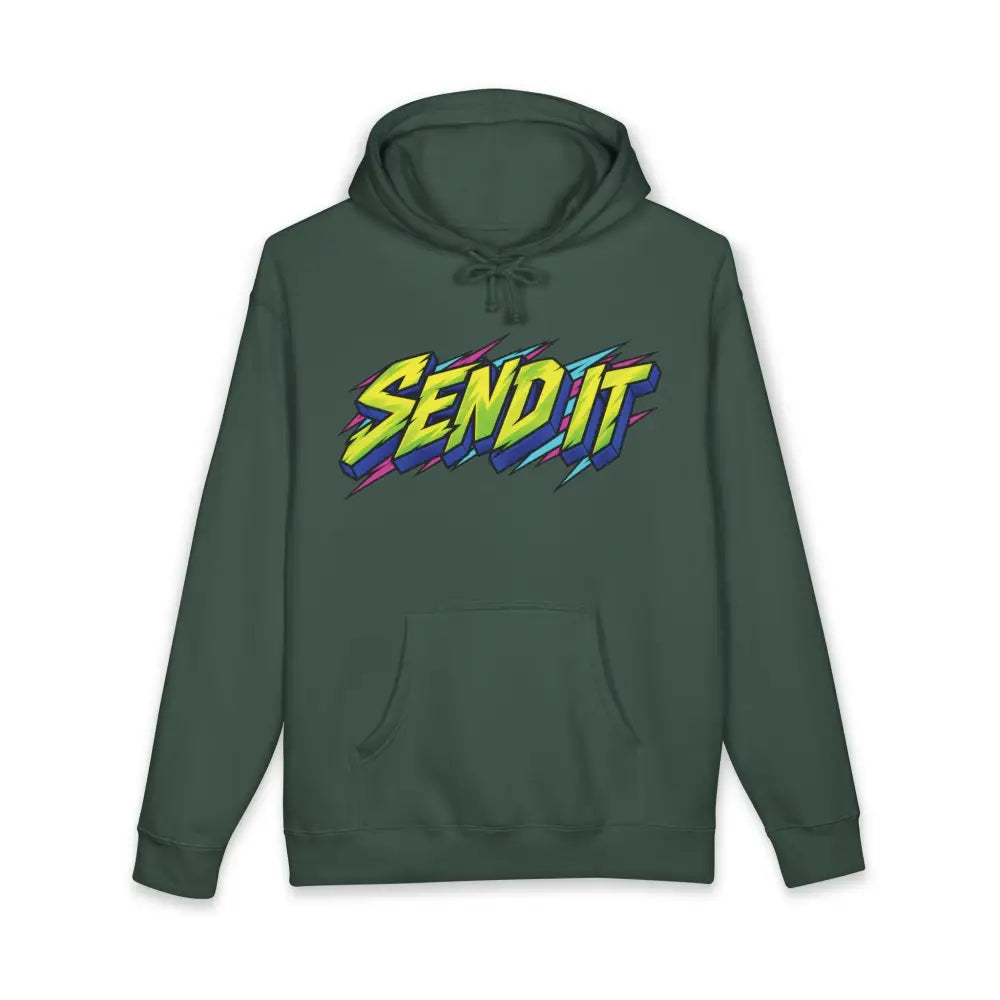 Dark green send it graphic unisex hoodie with fleece-lined hood ribbed cuffs and colorful retro skate design