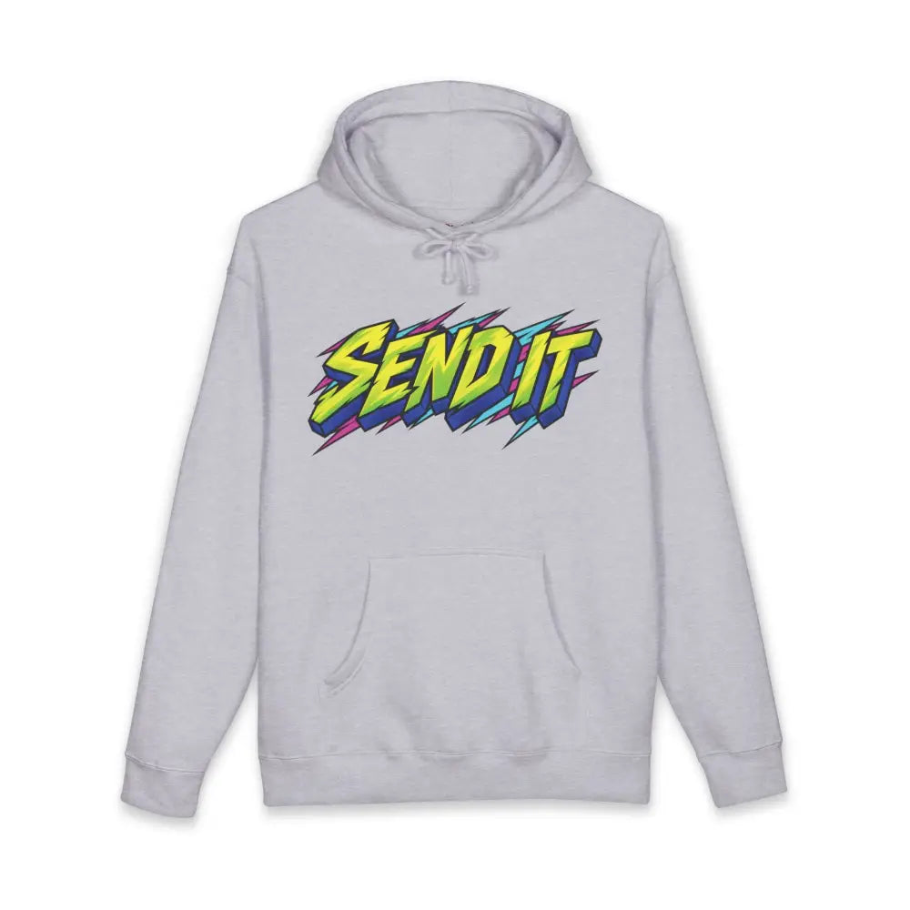 Light gray fleece-lined hood send it graphic unisex hoodie with bold colorful lightning bolt and ribbed cuffs