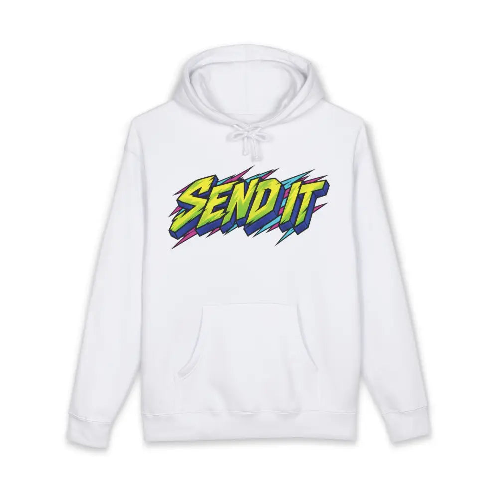 White fleece-lined hood unisex hoodie with bold yellow blue purple send it graphic and ribbed cuffs for retro sports style