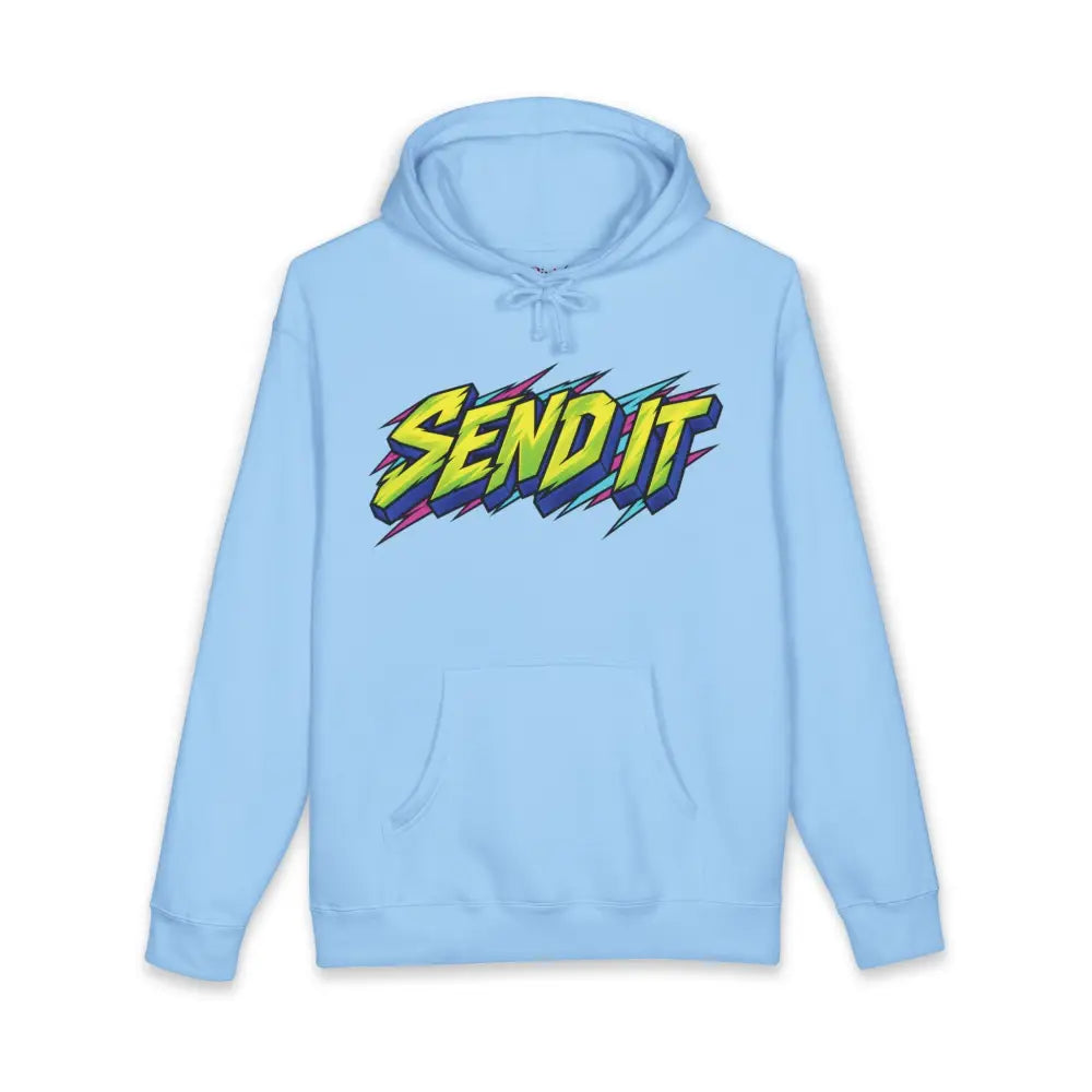 Light blue fleece-lined send it graphic unisex hoodie with ribbed cuffs and tear-away label for retro skate style