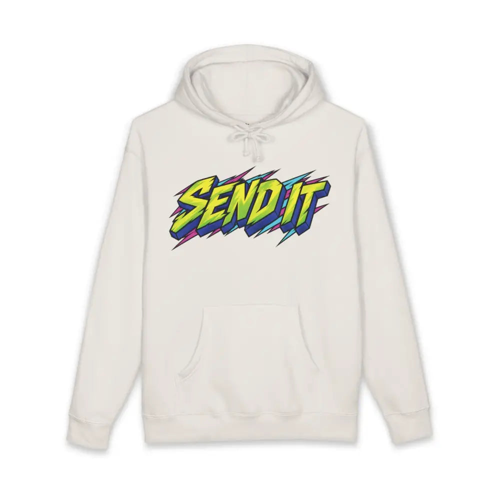Cream-colored send it graphic unisex hoodie with fleece-lined hood ribbed cuffs and colorful bold retro lettering