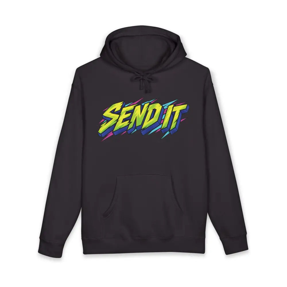 Black send it graphic unisex hoodie with fleece-lined hood ribbed cuffs and vibrant multicolored retro lettering