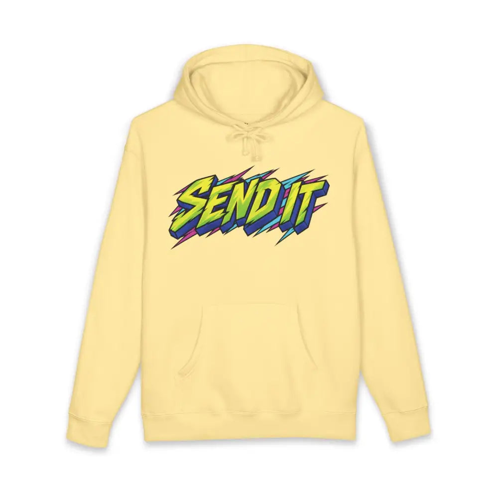Pale yellow fleece-lined send it graphic unisex hoodie with neon green and blue lettering and ribbed cuffs