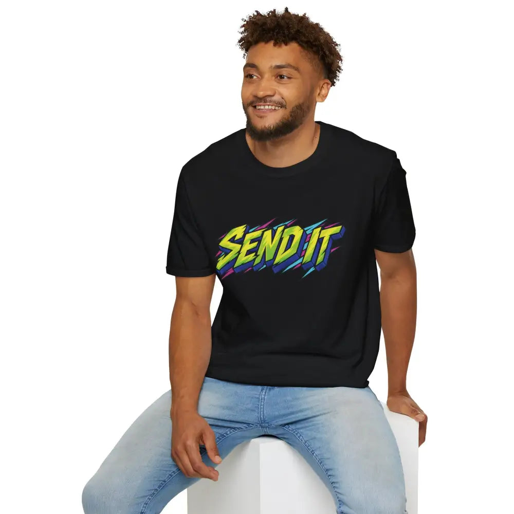 Black short-sleeved unisex t-shirt with vibrant send it graphic made from ethically sourced ring-spun cotton for low heat care