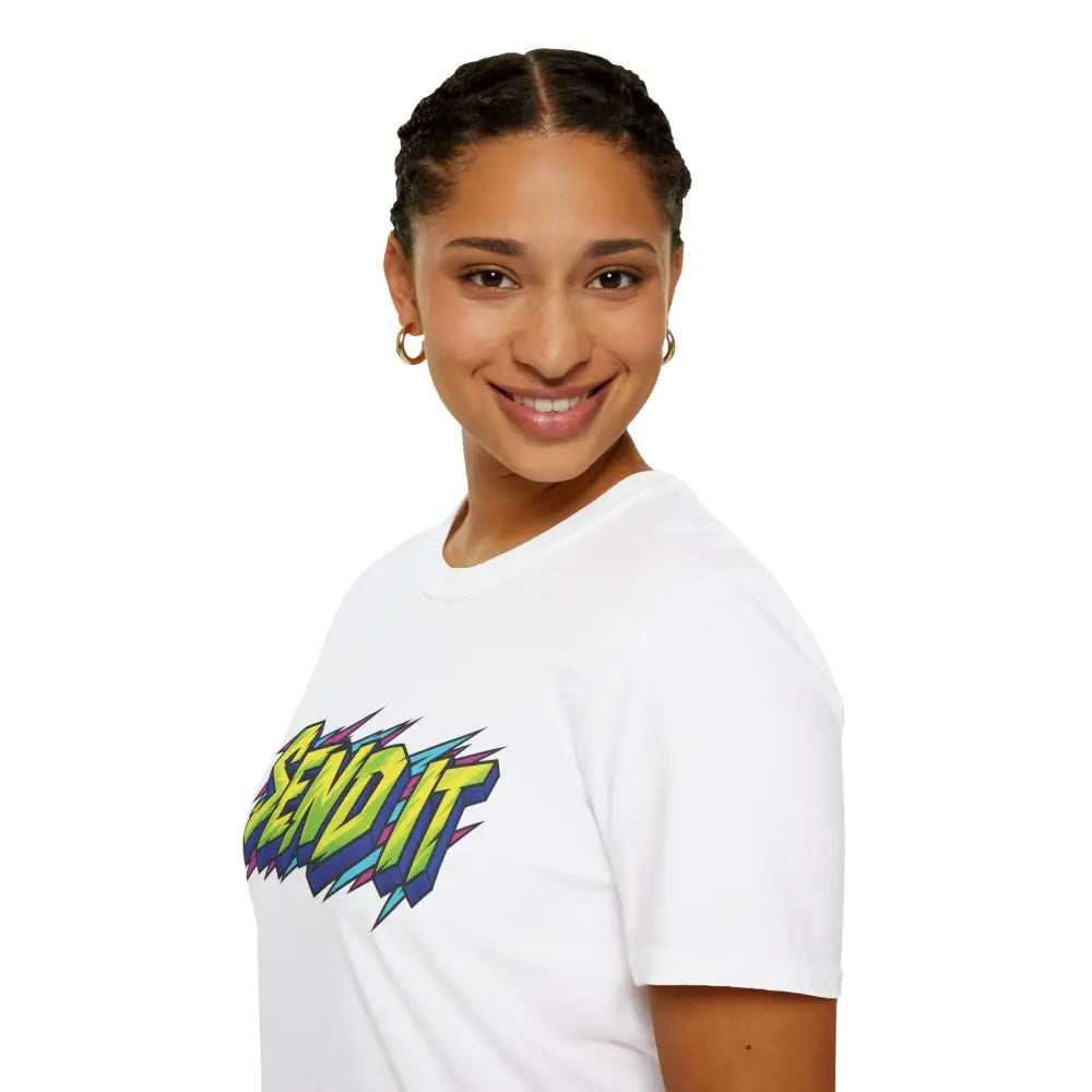White cotton send it graphic unisex t-shirt with vibrant comic-style lettering made from ethically sourced ring-spun cotton