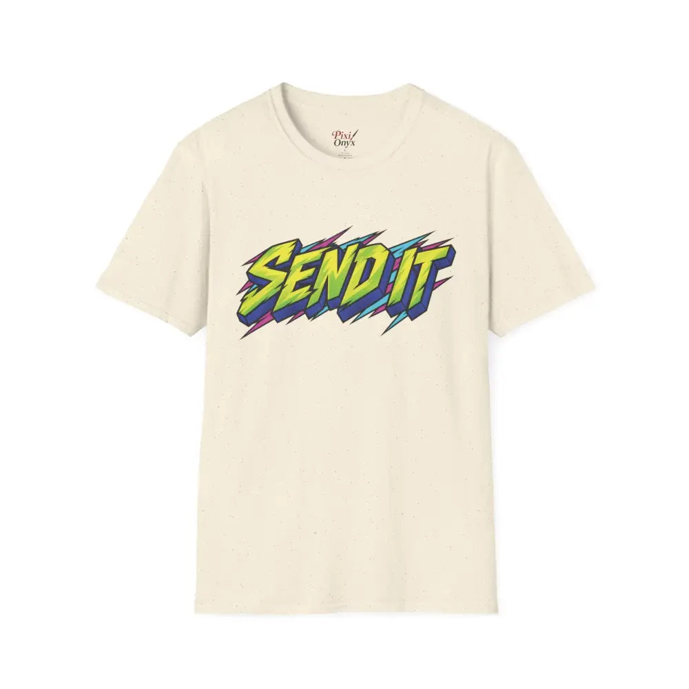 Cream-colored ring-spun cotton send it graphic unisex t-shirt with bold neon green and purple lettering for extreme sports
