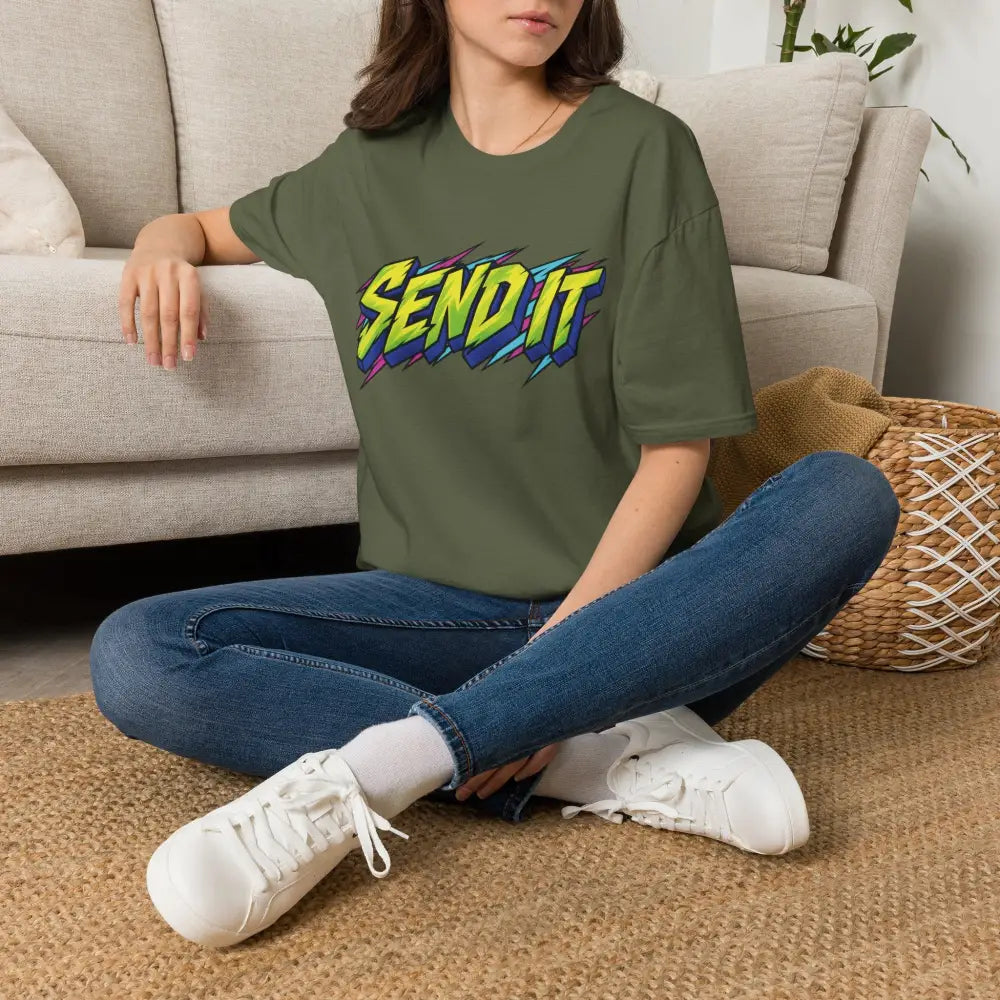 Olive green oversized send it graphic unisex t-shirt in ring-spun cotton with bold retro skate design, ethically sourced and low heat care