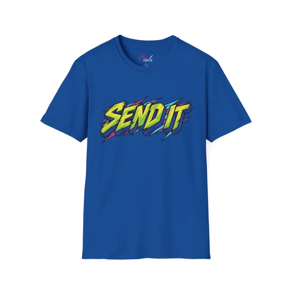 Royal blue send it graphic unisex t-shirt with bold lightning bolts made from ethically sourced ring-spun cotton