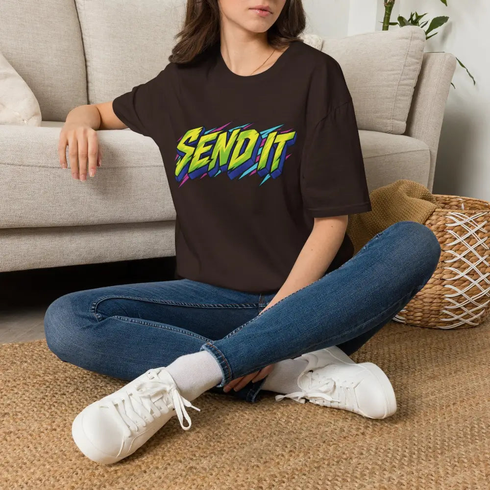 Black oversized Send It graphic unisex t-shirt with vibrant multicolored print made from ethically sourced ring-spun cotton