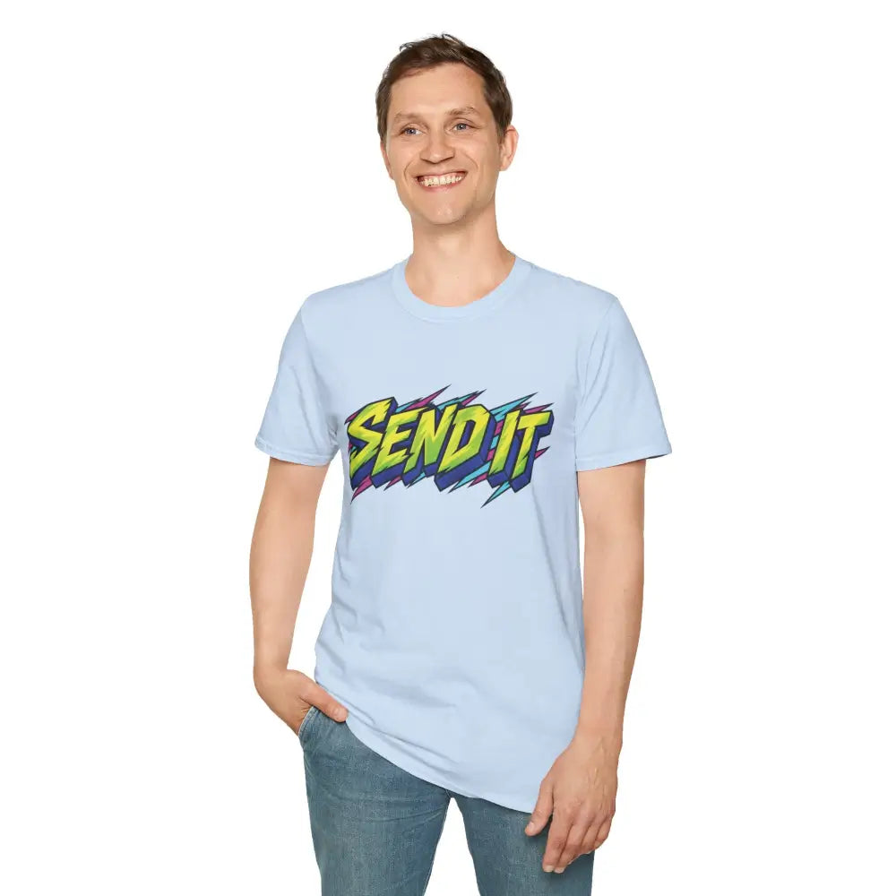 Light blue send it graphic unisex t-shirt made of ethically sourced ring-spun cotton with bold retro skate design