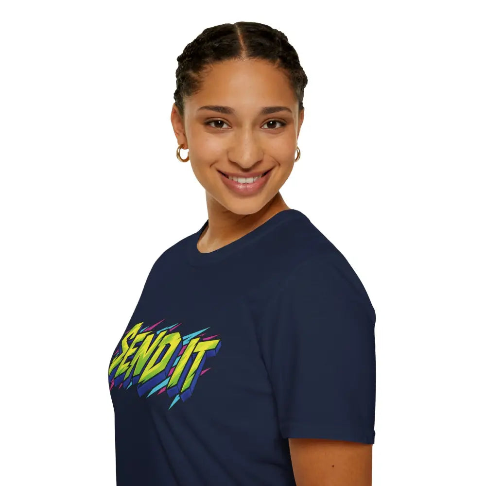 Navy blue send it graphic unisex t-shirt made of ethically sourced ring-spun cotton with low heat care instructions
