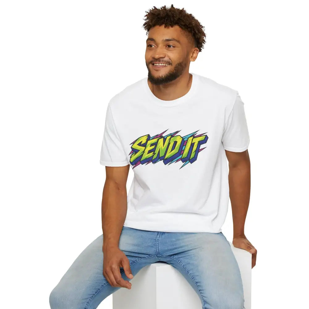 White cotton unisex t-shirt with bold neon yellow and purple send it graphic made from ethically sourced ring-spun cotton
