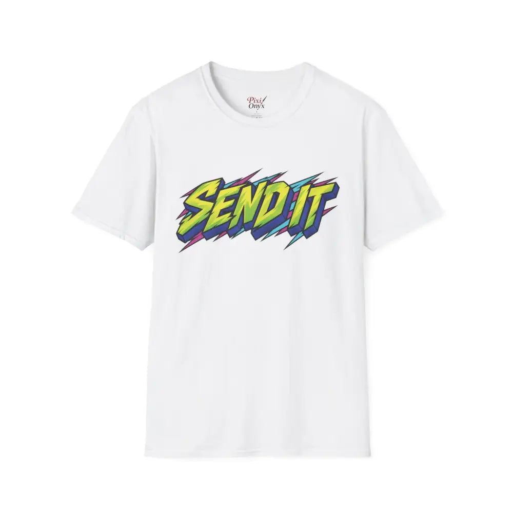 White cotton send it graphic unisex t-shirt with bold colorful print made from ethically sourced ring-spun cotton
