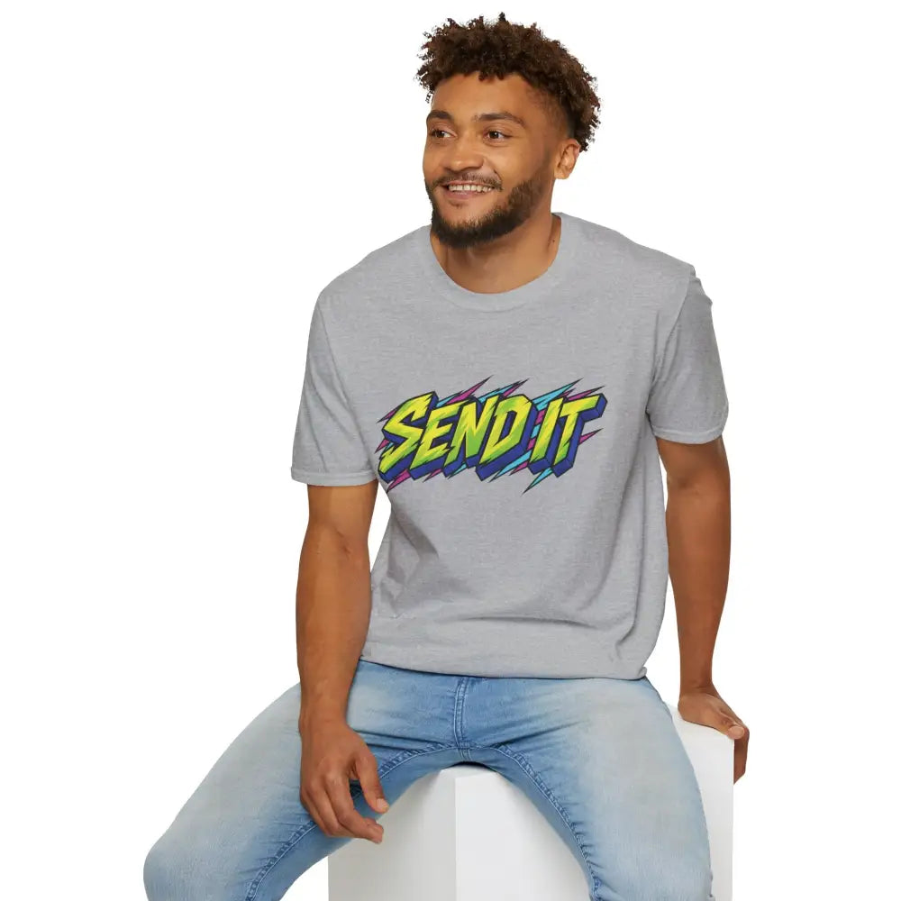 Gray ring-spun cotton send it graphic unisex t-shirt with vibrant lightning bolts, ethically sourced and low heat care