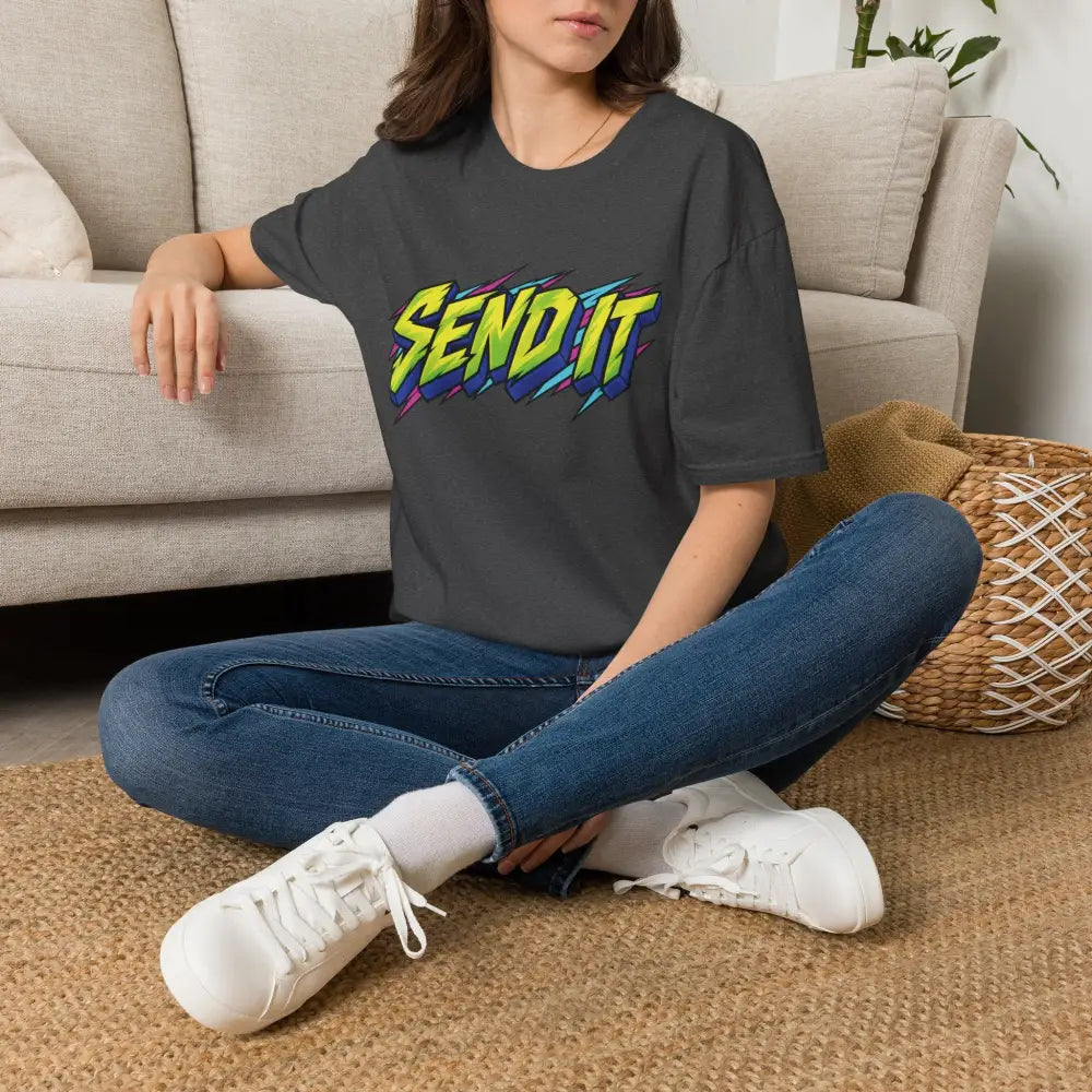 Dark gray oversized send it graphic unisex t-shirt in ring-spun cotton with neon accents, ethically sourced for low heat care