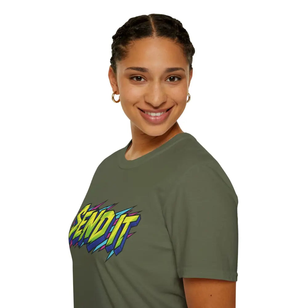 Olive green send it graphic unisex t-shirt made from ethically sourced ring-spun cotton with bold retro skate design