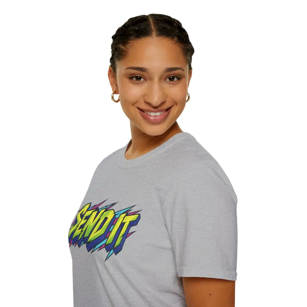 Gray send it graphic unisex t-shirt made of ethically sourced ring-spun cotton with vibrant comic-book style design