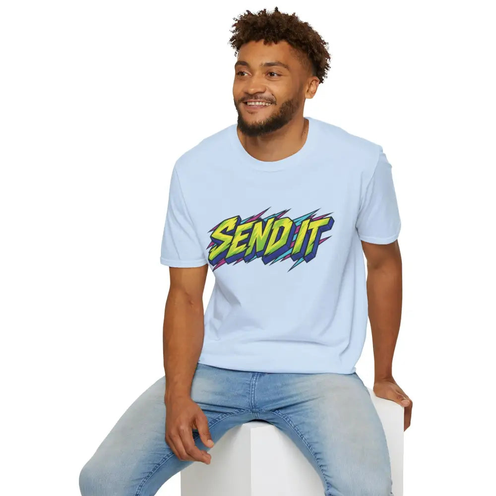 Light blue unisex t-shirt with bold colorful send it graphic made of ethically sourced ring-spun cotton for low heat care