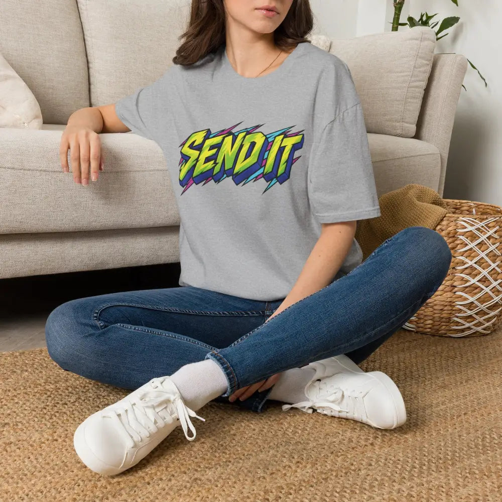Gray oversized send it graphic unisex t-shirt in ethically sourced ring-spun cotton with bold yellow and blue design for low heat care