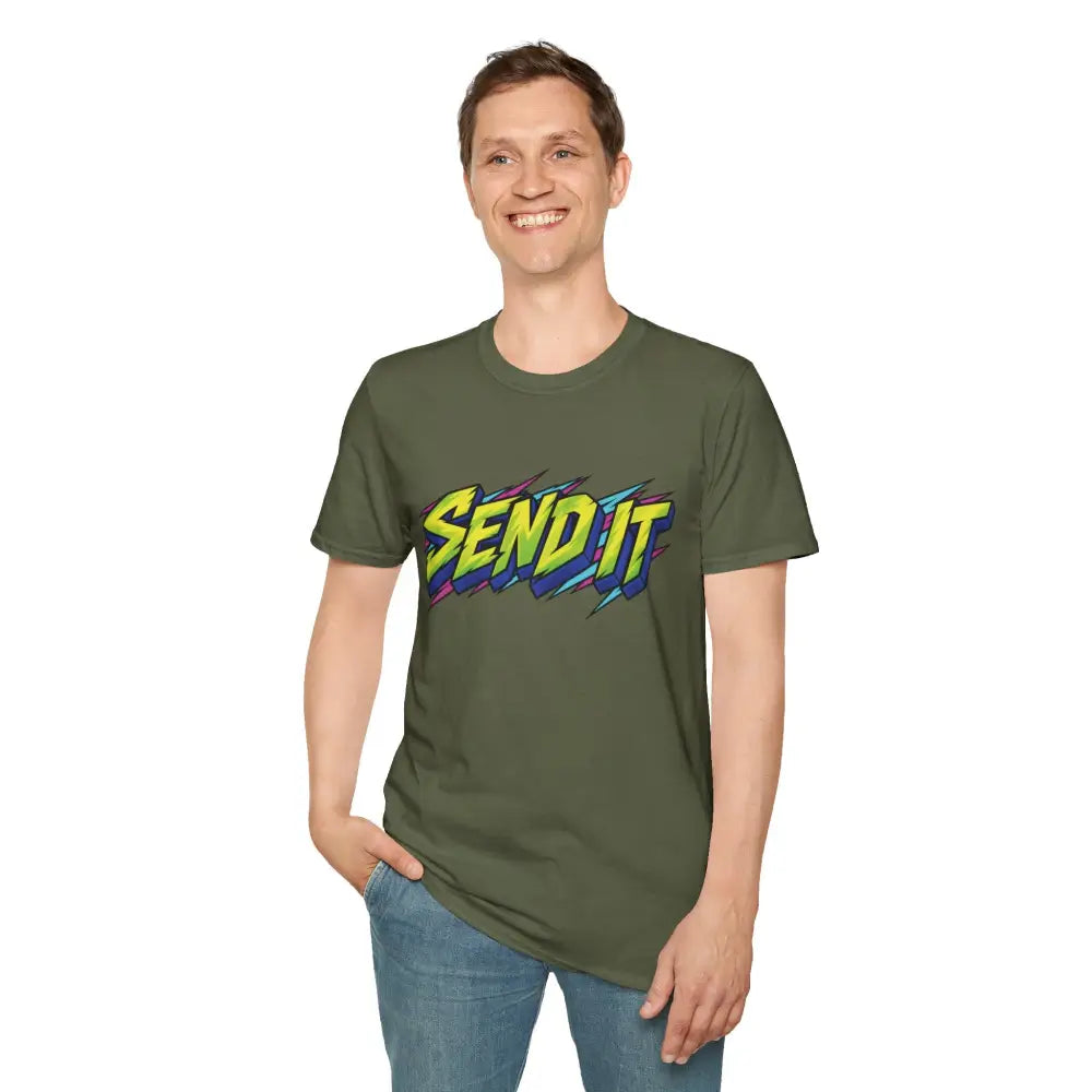 Olive green send it graphic unisex t-shirt in ring-spun cotton with bold colorful design for skate or extreme sports