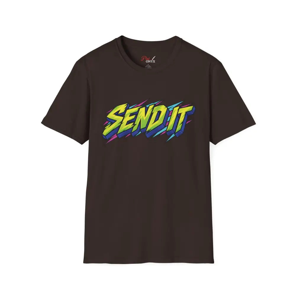 Dark brown ring-spun cotton send it graphic unisex t-shirt with vibrant neon yellow blue lettering for extreme sports