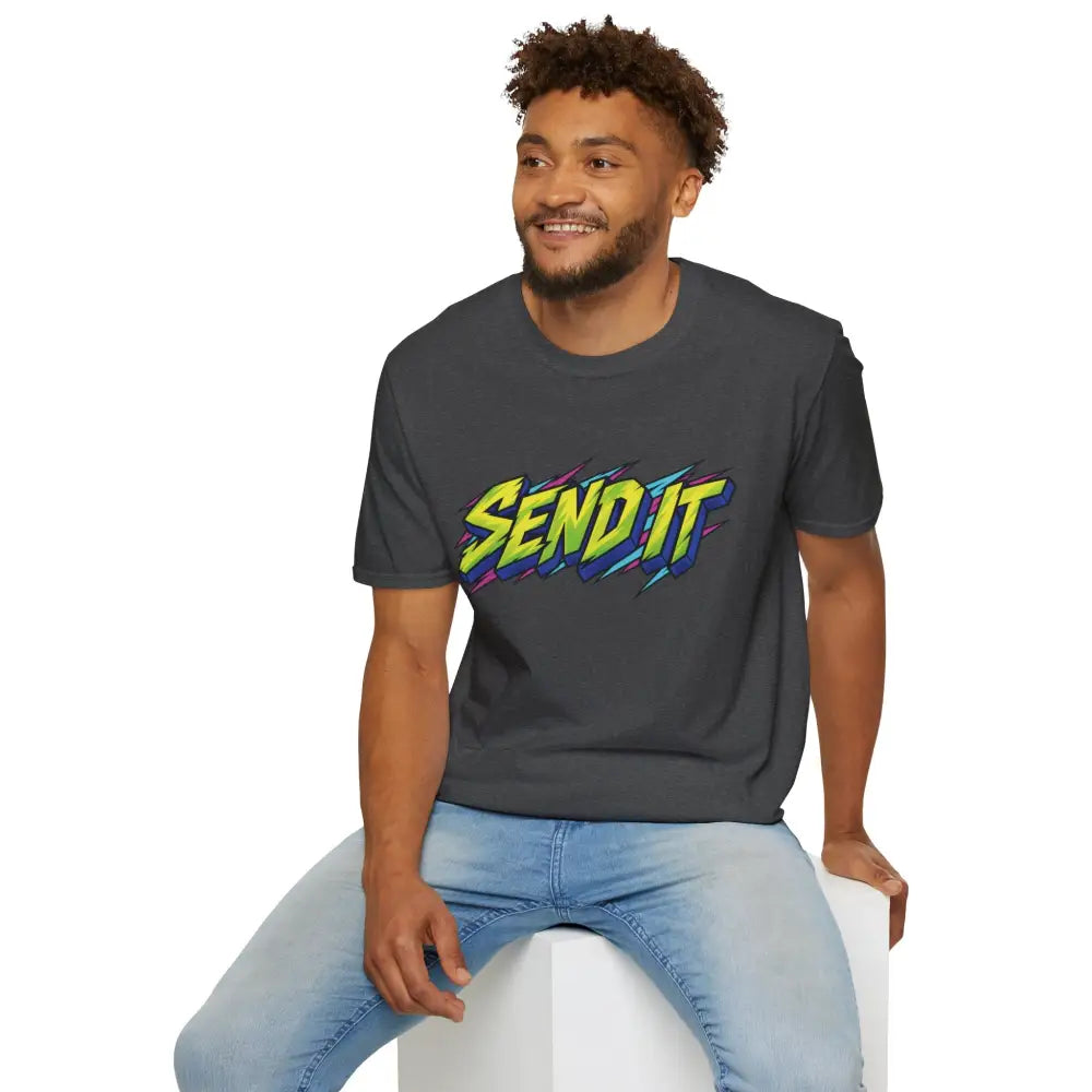 Dark gray ethically sourced ring-spun cotton send it graphic unisex t-shirt with neon lightning bolts for extreme sports