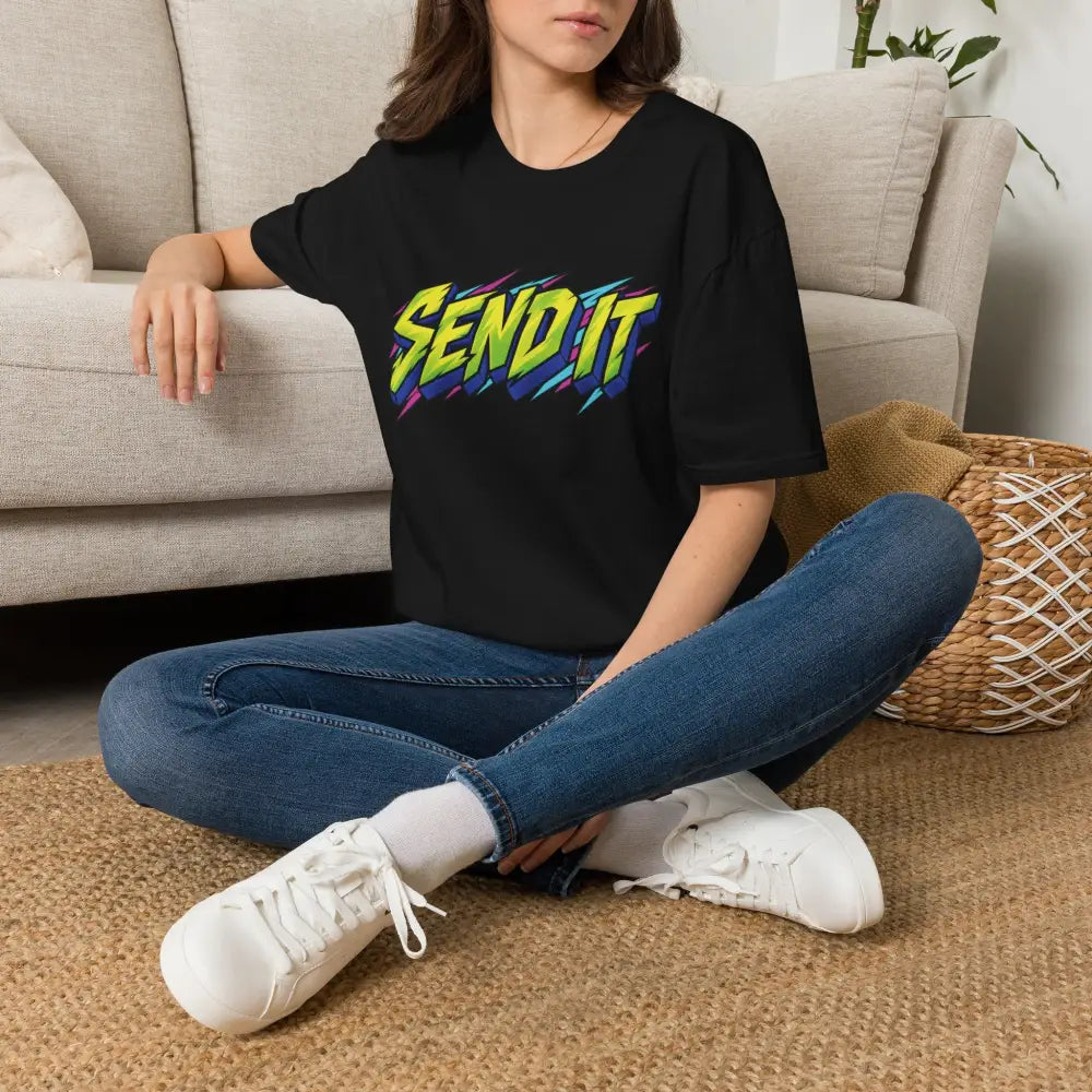 Black cotton send it graphic unisex t-shirt with neon gradient letters made from ethically sourced ring-spun cotton