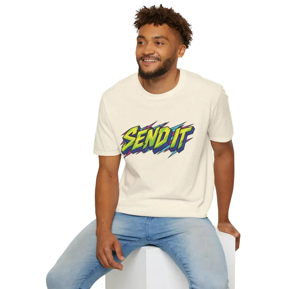Cream-colored send it graphic unisex t-shirt made of ethically sourced ring-spun cotton for low heat care