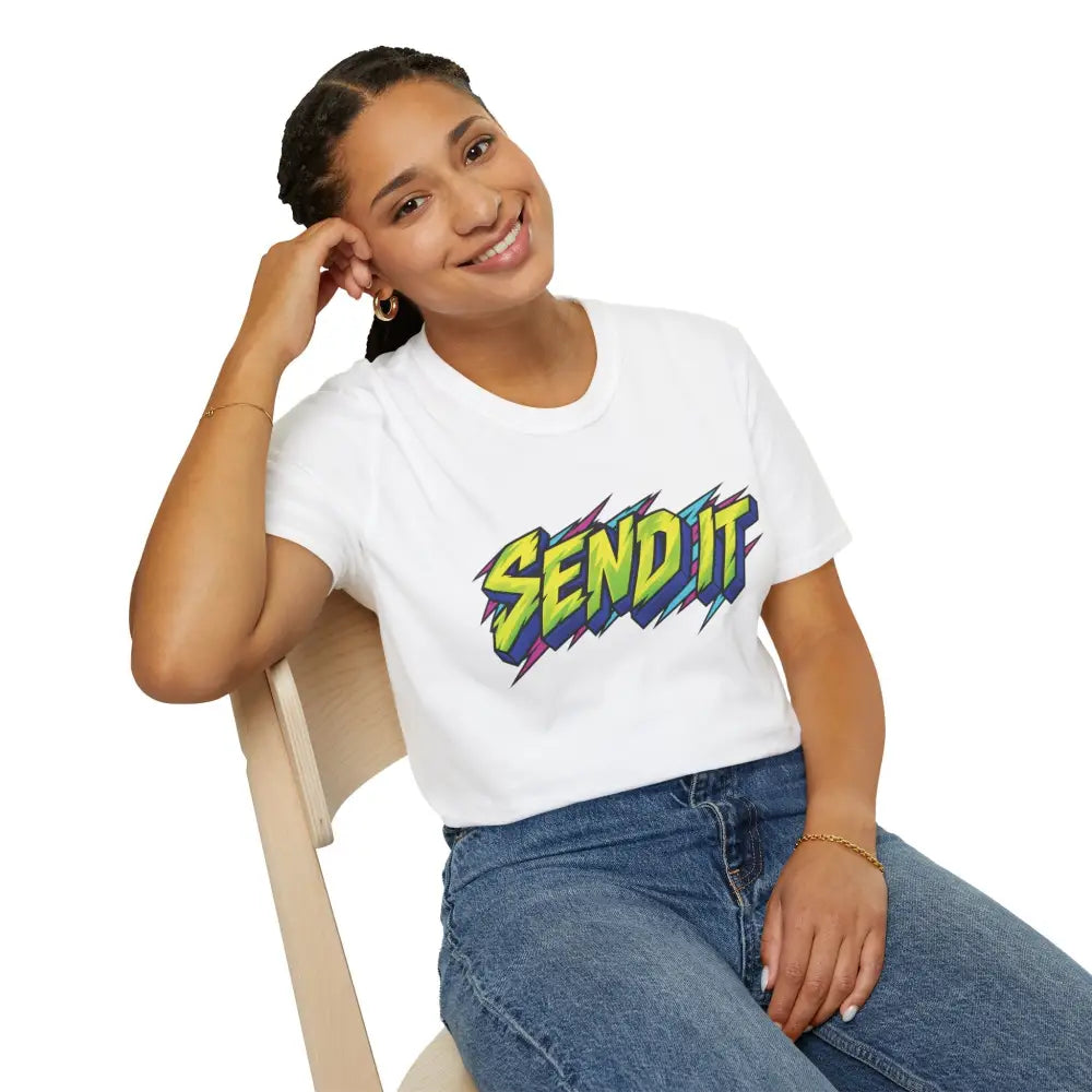 White ethically sourced ring-spun cotton send it graphic unisex t-shirt with colorful comic-style lettering for extreme sports