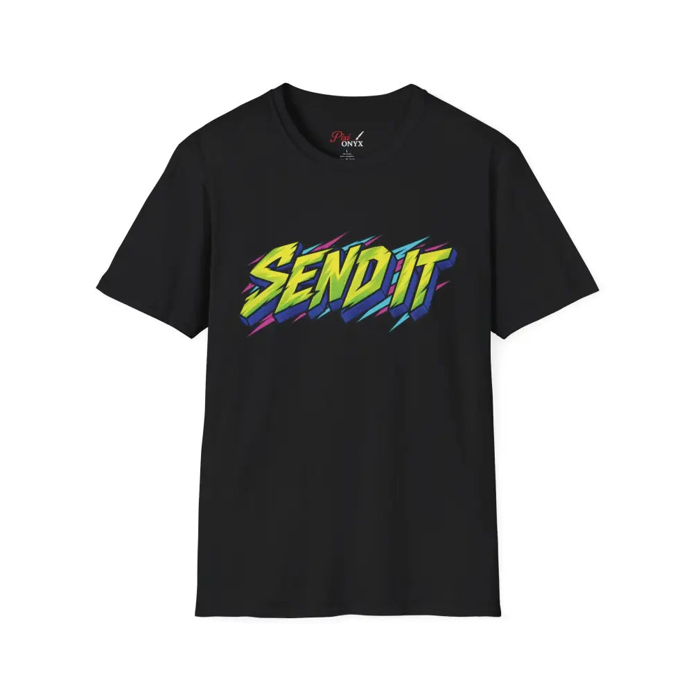 Black short-sleeved unisex t-shirt with vibrant send it graphic in neon colors made from ethically sourced ring-spun cotton