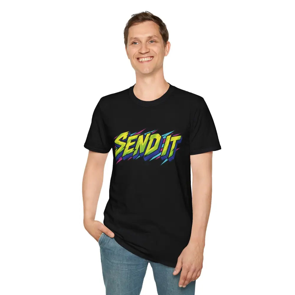 Black send it graphic unisex t-shirt with colorful graffiti print made of ethically sourced ring-spun cotton, low heat care