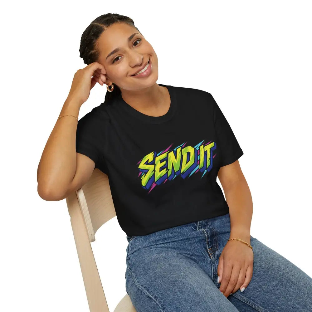 Black cotton send it graphic unisex t-shirt with neon lightning bolts made from ethically sourced ring-spun cotton