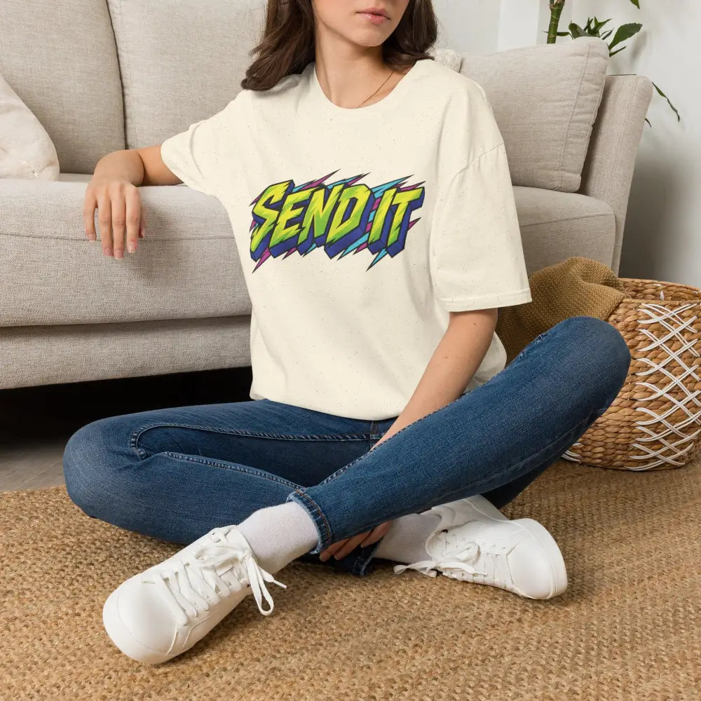 Cream-colored oversized send it graphic unisex t-shirt in ethically sourced ring-spun cotton with bold neon design